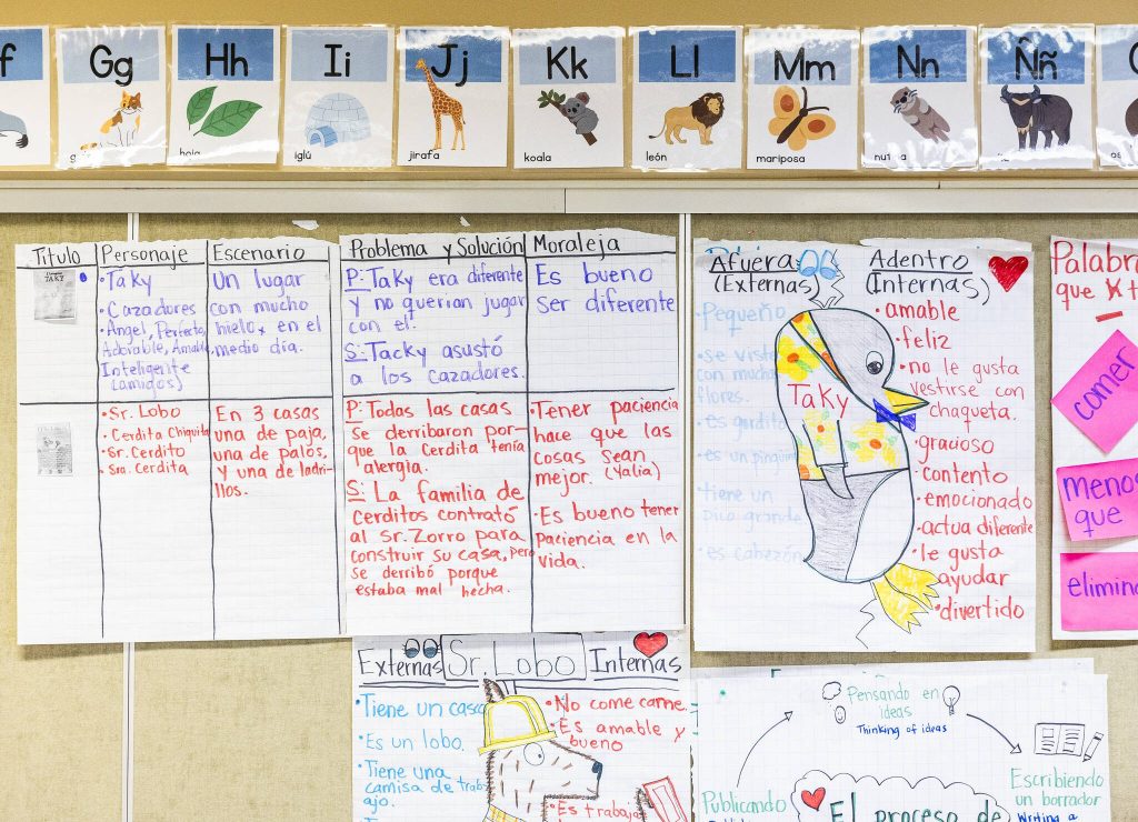 A selection of posters in Spanish hang on the walls of a second grade dual language class at Emerson Elementary School on Thursday, Jan. 30, 2025 in Everett, Washington. (Olivia Vanni / The Herald)