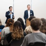 County Council members Jared Mead, left, and Nate Nehring speak to students on Thursday, Jan. 30, 2025, during Civic Education Day at the Snohomish County Campus in Everett, Washington. (Will Geschke / The Herald)