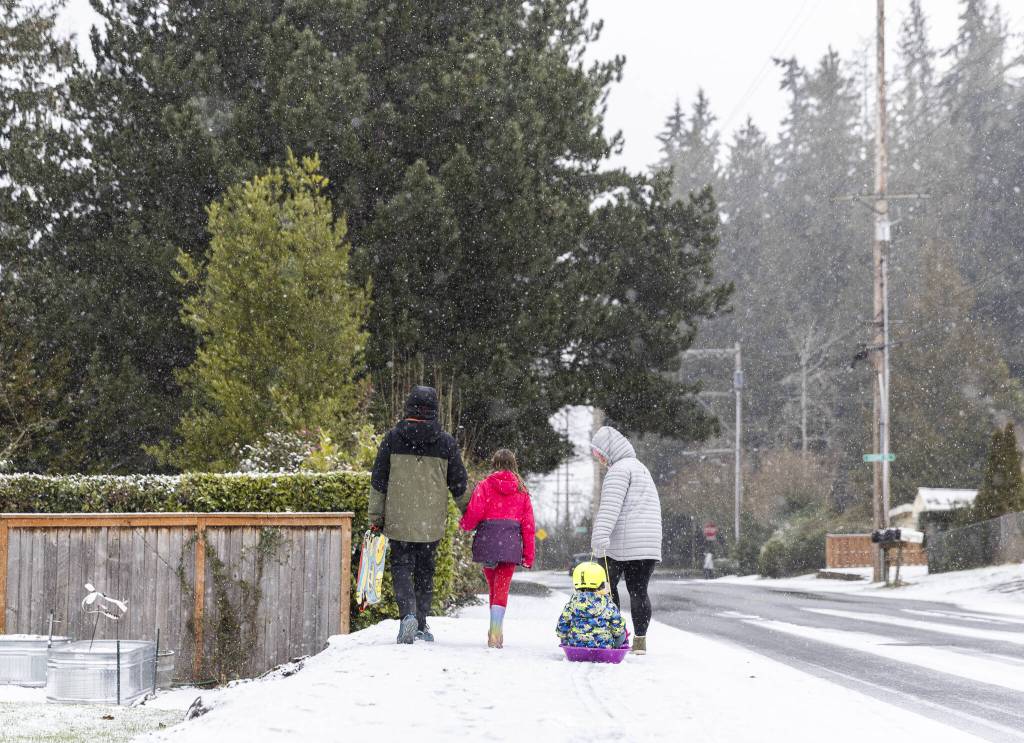 A family walks along 96th Avenue as it snows on Monday, Feb. 3, 2025 in Edmonds, Washington. (Olivia Vanni / The Herald)
