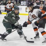 Slivertips’ Clarke Schaefer tries to maneuver around Medicine Hat’s Josh Van Mulligen during the game on Wednesday, Jan. 29, 2025 in Everett, Washington. (Olivia Vanni / The Herald)