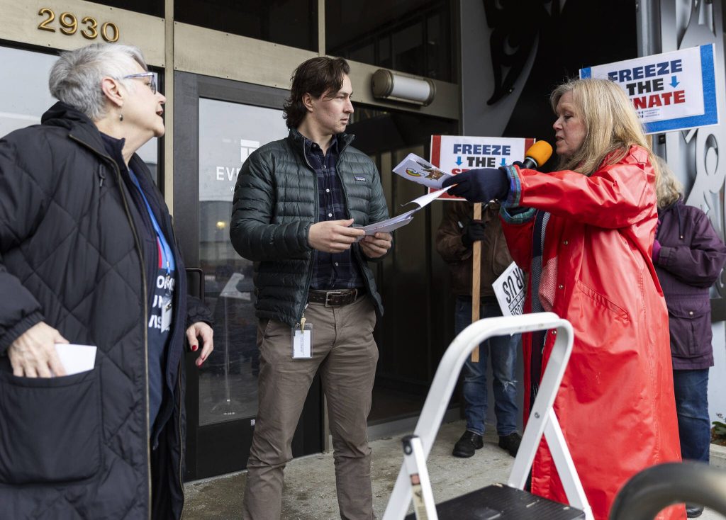 Hayden Jenkins, Northwest Washington director for U.S. Sen. Patty Murray, receives letters on the behalf of the senator on Wednesday, Feb. 5, 2025, in Everett, Washington. (Olivia Vanni / The Herald)