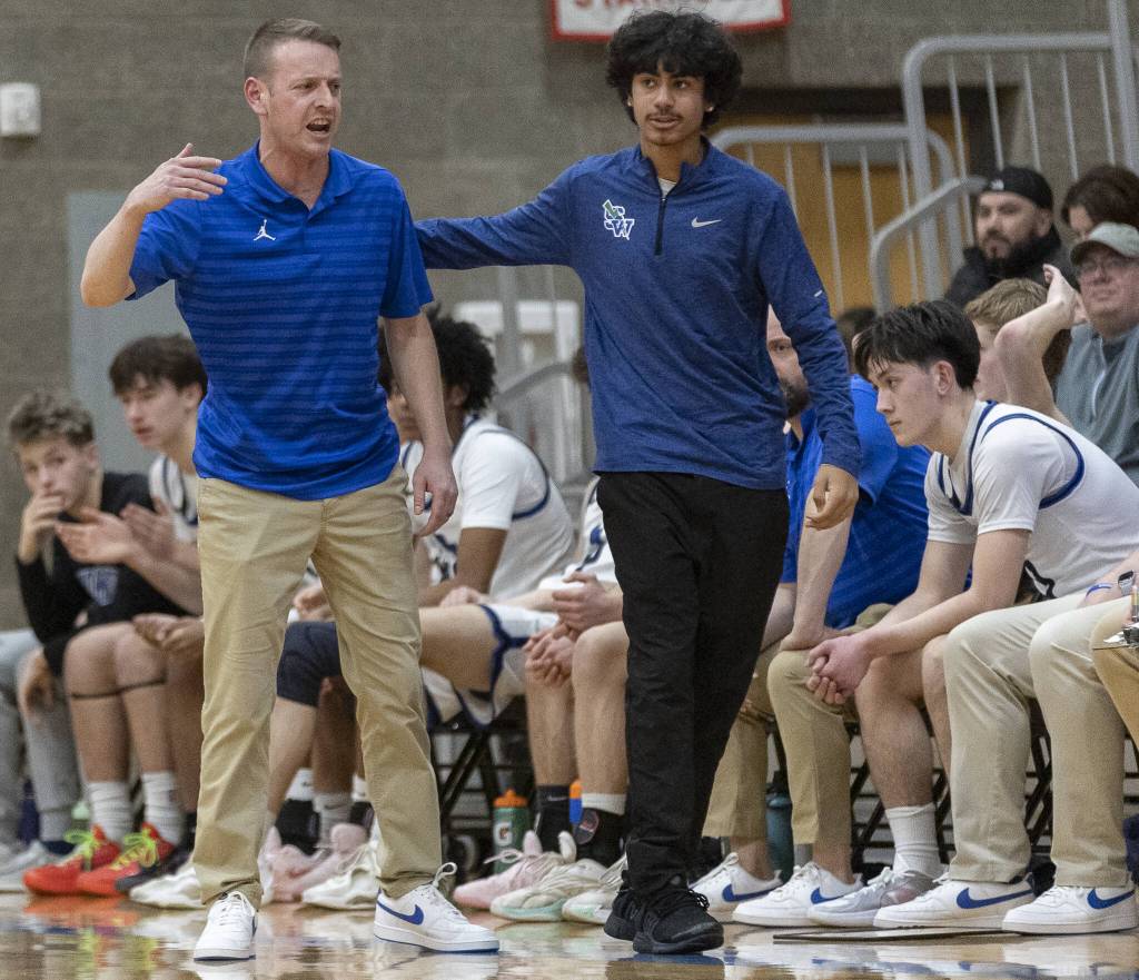 Shorewood head coach Joey Petschl receives a technical foul during the game against Edmonds-Woodway on Tuesday, Feb. 4, 2025 in Shoreline, Washington. (Olivia Vanni / The Herald)
