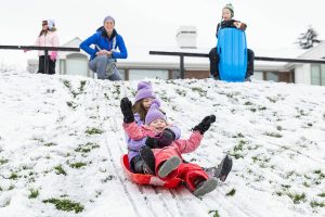 Riley Boyd, 6, left, and sisters Vivienne Boyd, 3, ride a sled together down a hill at Anderson Center Field on Thursday, Feb. 6, 2025 in Edmonds, Washington. (Olivia Vanni / The Herald)