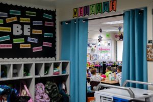 Curtains act as doors for a handful of classrooms at Glenwood Elementary on Monday, Sept. 9, 2024 in Lake Stevens, Washington. (Olivia Vanni / The Herald)