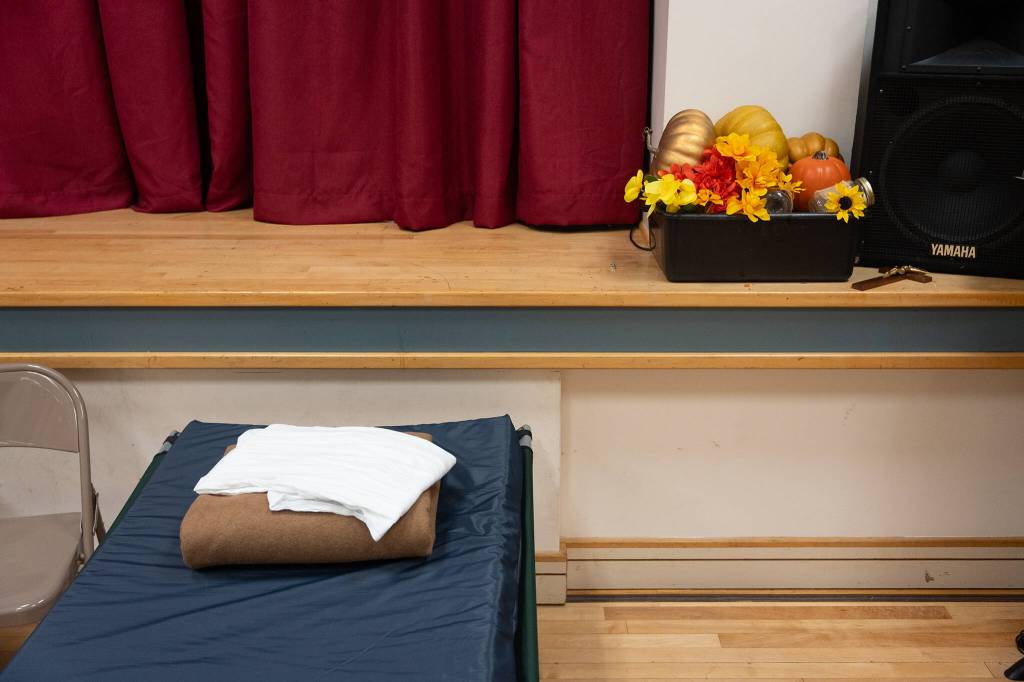 A bed at the east Everett cold weather shelter on Tuesday, Feb. 11 in Everett, Washington. (Will Geschke / The Herald)