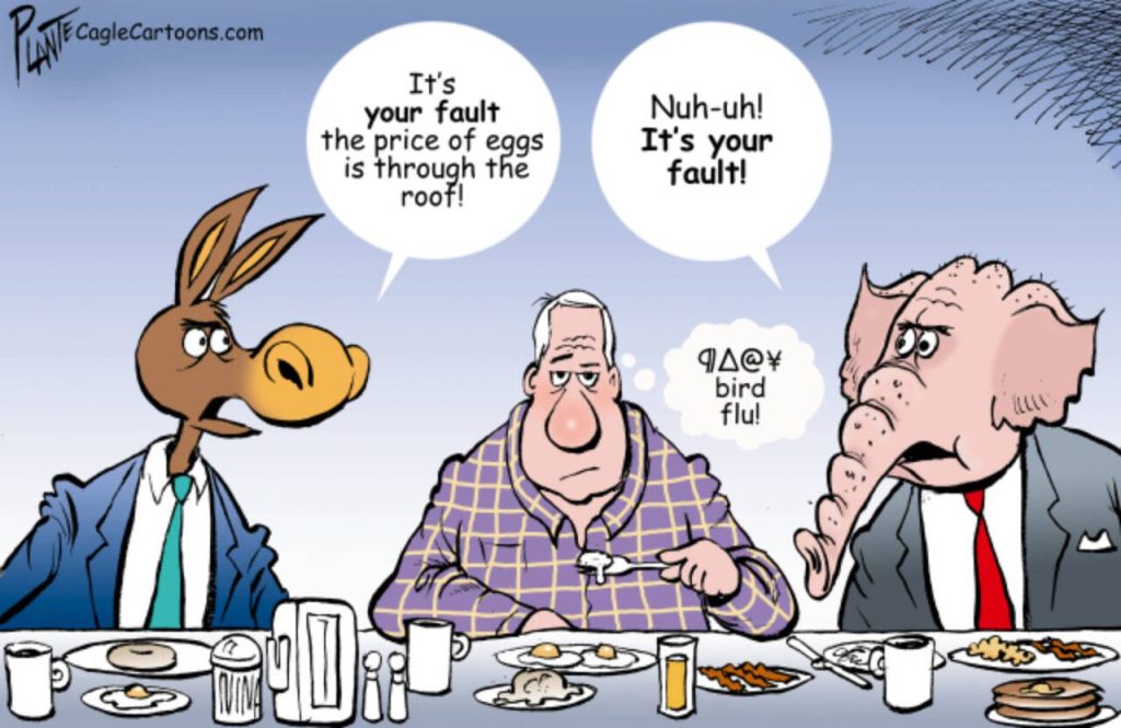 Two guys at a diner argue about the price of eggs, democrat, republican, MAGA, Waffle House, bird flu, Biden, Trump, inflation, fault, blame, breakfast, protein, Denny's