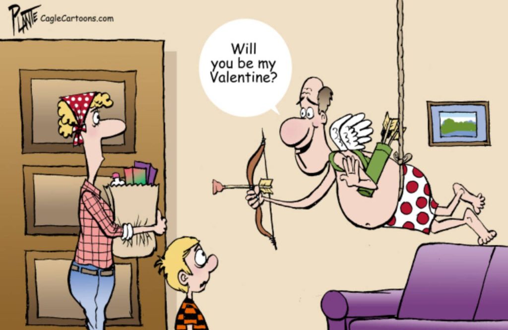 Wife's hubby dresses as cupid for Valentine's Day, Valentine's Day, hangs from ceiling, kid, living room, arrow, wings,