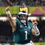 Philadelphia Eagles quarterback Jalen Hurts (1) throws to an open receiver while in the third quarter while playing the Kansas City Chiefs during Super Bowl LIX on Sunday, Feb. 9, 2025, in New Orleans. (Emily Curiel / The Kansas City Star /Tribune News Services)