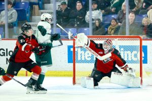 Vancouver Giants goalie Burke Hood makes a play for the puck against the Everett Silvertips, who lost 6-2 to the Giants at Langley Events Centre on Saturday, one day after clinching a WHL playoff spot. (Rob Wilton, Giants/Special to Black Press Media).