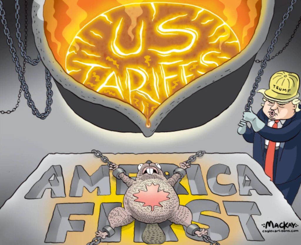 Editorial Cartoon by Graeme MacKay – February 10, 2025

Trump's new steel tariffs echo 2018 tensions, risking economic strain and prompting Canada to seek diverse trade partners

Deja Vu: Steel Tariff Tango Resumes Across the Border

In an update to the scenario depicted in Graeme MacKay's 2018 cartoon, President Donald Trump has once again announced new steel tariffs on February 10, 2025. These tariffs, set at 25% on all steel and aluminum imports, including those from Canada, echo the tensions from seven years ago when Canada sought exemptions and warned of supply chain disruptions. The earlier tariffs, which were eventually lifted, highlighted the economic strain on both sides of the border, and history seems poised to repeat itself.

The renewed tariffs signal potential economic challenges, with increased costs predicted for industries like automaking and construction. This recurrence underscores the fragility of relying on a rules-based trade order with the U.S., prompting Canada to consider diversifying its trade partnerships. As before, the economic pain could push towards eventual tariff removal, but not without questioning the reliability of the U.S. as a trade partner.

This cartoon has been readapted from first publication on March 3, 2018.

Trump Steel tariffs afflict pain on Canada

Steel, Canada, beaver, USA, United States, trade, diplomacy, Donald trump, tariffs, NAFTA, Disruption, Diversification, Economy