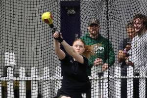 Kimberly Beard, a Mukilteo resident who attends King's High School, prepares to release a throw during the 20-pound weight competition at George Fox University in Newberg, Ore. on Saturday, Feb. 8, 2025. (Photo courtesy of Donna Beard)