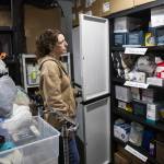 Jasmine Donahue shows her medicine cabinet where people are able to safely store and have access to their medications on Thursday, Jan. 9, 2025 in Everett, Washington. (Olivia Vanni / The Herald)