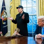 President Donald Trump listens alongside Elon Musk as he explains the administration’s cost-cutting efforts in the Oval Office of the White House in Washington, on Tuesday, Feb. 11, 2025. Musk has for weeks posted on social media about government spending, often amplifying and seeding false information. (Eric Lee/The New York Times)
