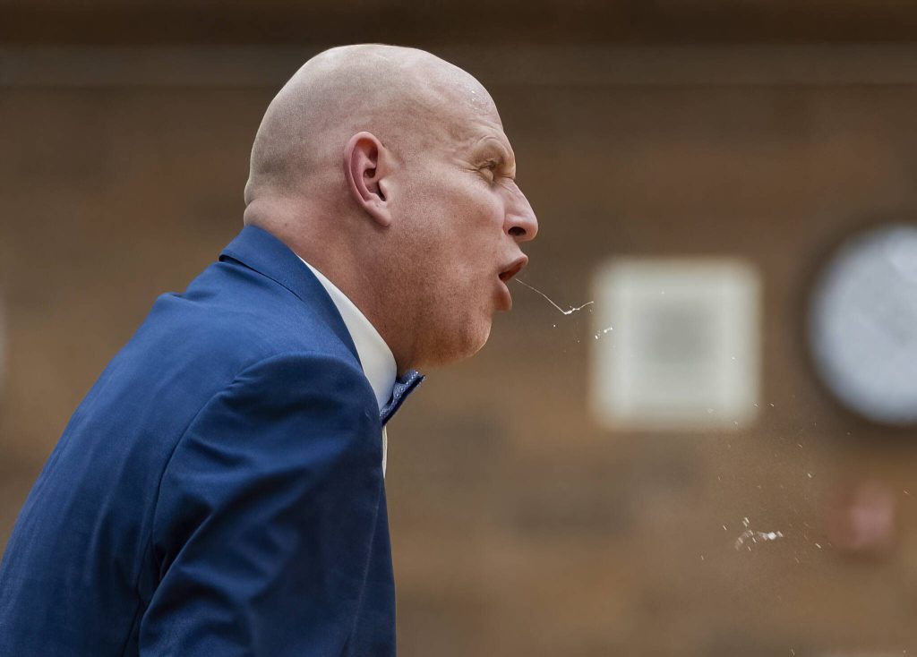 Mountlake Terrace head coach Johnny Phillips yells in frustration during the 3A district loser-out playoff game against Snohomish on Thursday, Feb. 13, 2025 in Mountlake Terrace, Washington. (Olivia Vanni / The Herald)