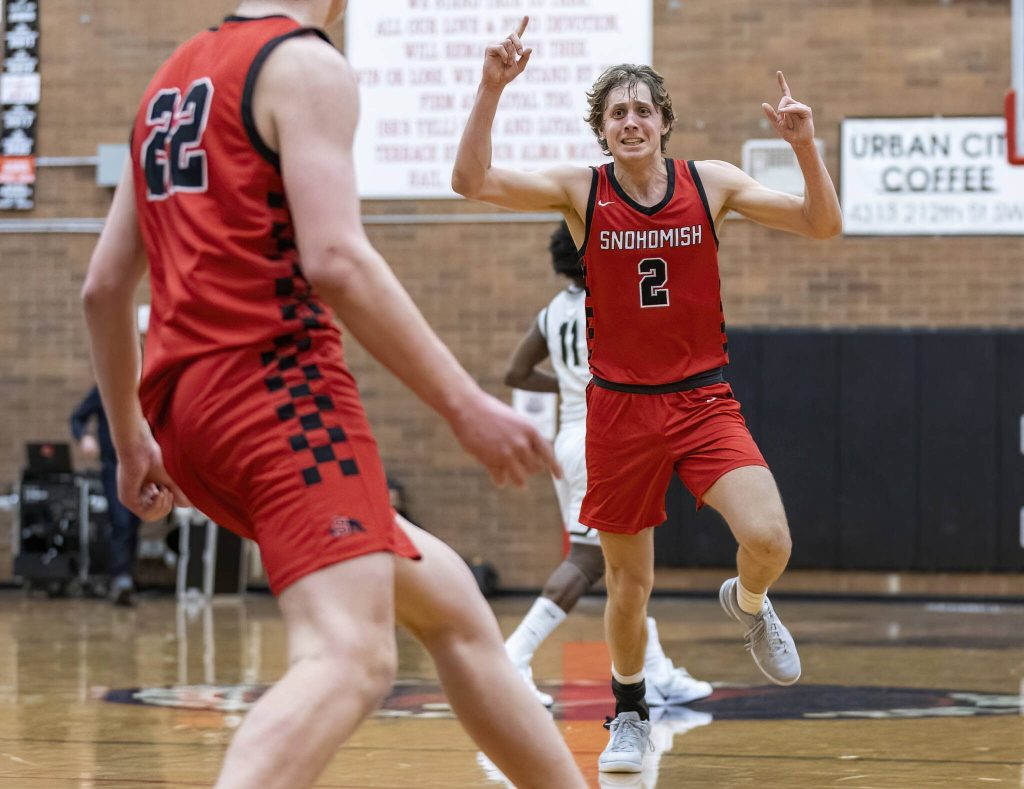 Snohomishs Bryson Wheat reacts to beating Mountlake Terrace in a 3A district loser-out playoff game on Thursday, Feb. 13, 2025 in Mountlake Terrace, Washington. (Olivia Vanni / The Herald)