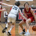 Snohomishs Bryson Wheat crosses the ball between his legs to keep it away from the outstretched arm of Mountlake Terraces Jordan Wilson during the 3A district loser-out playoff game on Thursday, Feb. 13, 2025 in Mountlake Terrace, Washington. (Olivia Vanni / The Herald)