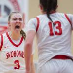 Snohomish’s Kendall Hammer yells in celebration with teammate Snohomish’s Sienna Capelli after she makes a shot and is fouled during the game on Thursday, Jan. 9, 2025 in Snohomish, Washington. (Olivia Vanni / The Herald)