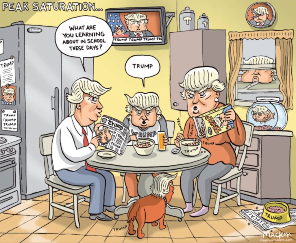 Editorial Cartoon by Graeme MacKay - Wednesday February 12, 2025

In 2025, "Trump fatigue" persists as his ability to capture media attention continues to influence public discourse and affect personal relationships.

Possessed By Trump

In 2025, "Trump fatigue" remains a significant phenomenon, with many individuals feeling drained by the continuous media coverage and controversy surrounding Donald Trump. Despite this, Trump continues to thrive on attention, leveraging his ability to capture the public's focus and dominate media cycles to maintain his political influence.

Meanwhile, "Facebook Fatigue" has evolved with social media platforms still being arenas for intense political discourse. The divisive nature of political posts continues to strain personal relationships, with many users expressing a desire for more personal and less contentious content. This reflects ongoing challenges in navigating digital communication, where political opinions often lead to conflicts both online and offline.

The situation underscores the persistent impact of media and technology on public discourse and personal connections in a world where political figures like Trump continue to wield significant influence.

Revised from an editorial cartoon published: Friday February 3, 2017

USA, world, Donald Trump, saturation, news, politics, clones, debate, possession, trance, TDS