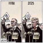 First panel shows Chamberlain holding up the Munich agreement which appease Hitler in 1939. In panel two it shows Trump holding up talks with Putin comapring the two.