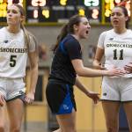 Shorewoods Bridget Cox yells in celebration of a foul call while Shorecrests Anna Usitalo and Naima Preudhomme look at the referees in confusion during the 3A district playoff game on Friday, Feb. 14, 2025 in Shoreline, Washington. (Olivia Vanni / The Herald)