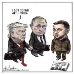 Trump tells Zelensky that he got tough with Putin while holding his hand. toon