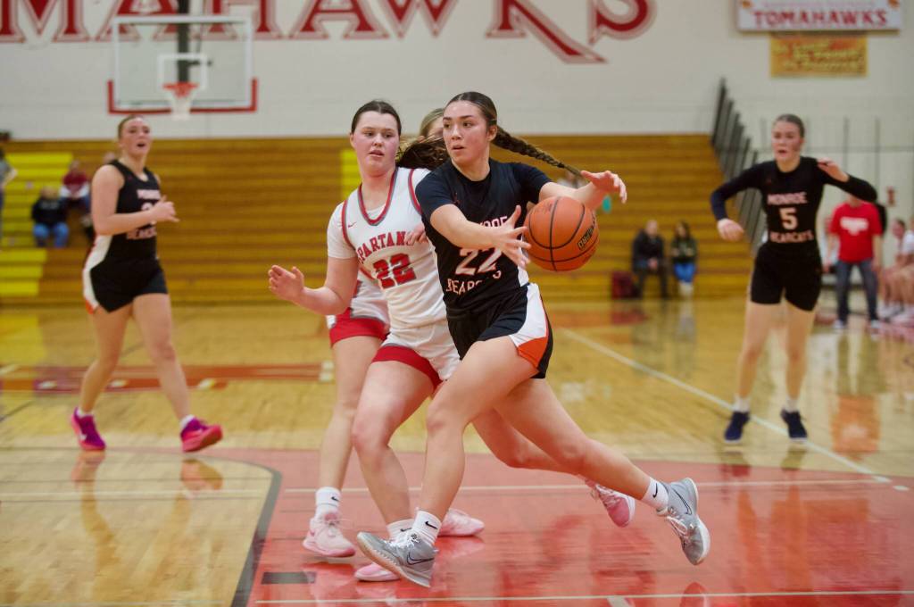 Monroe junior Mya Mercille receives a pass in the Girls 3A Basketball District 1 semifinals against Stanwood at Marysville Pilchuck High School in Marysville, Washington on Feb. 18, 2025. (Joe Pohoryles / The Herald)