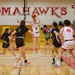 Snohomish sophomore Lola Rotondo (32) attempts a jumper in the Panthers 47-23 loss to Shorecrest in the Girls 3A Basketball District 1 semifinals at Marysville Pilchuck High School in Marysville, Washington on Feb. 18, 2025. (Joe Pohoryles / The Herald)