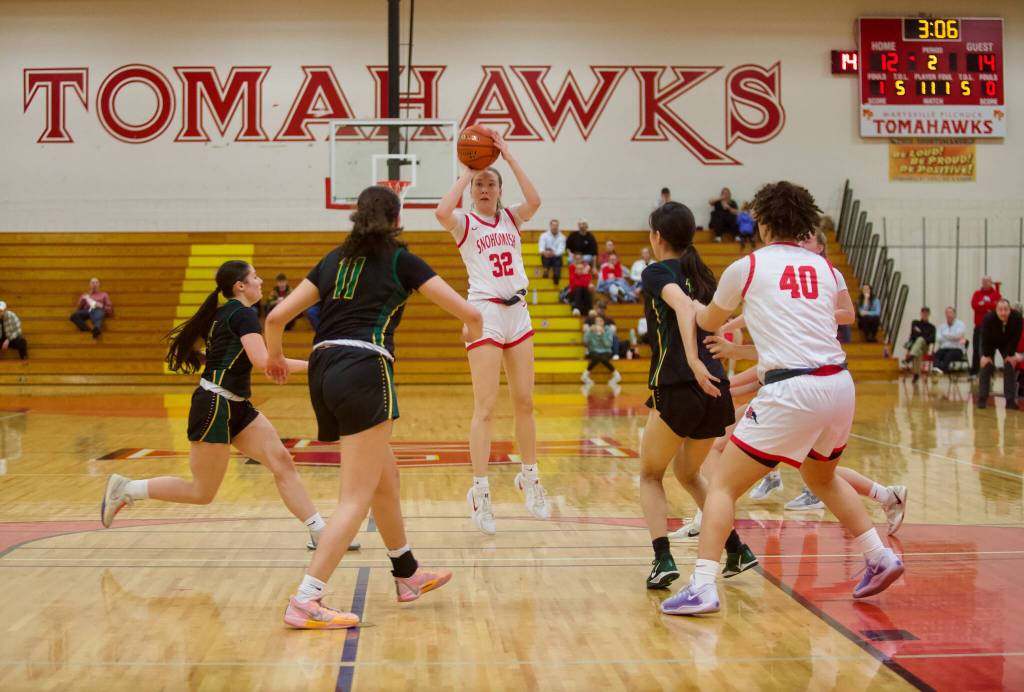 Snohomish sophomore Lola Rotondo (32) attempts a jumper in the Panthers 47-23 loss to Shorecrest in the Girls 3A Basketball District 1 semifinals at Marysville Pilchuck High School in Marysville, Washington on Feb. 18, 2025. (Joe Pohoryles / The Herald)