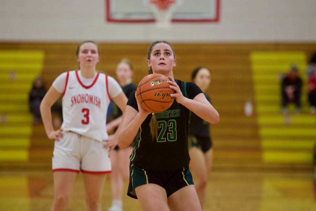 Shorecrest senior Cassie Chesnut attempts a free throw in the Scots 47-23 win against Snohomish in the Girls 3A Basketball District 1 semifinals at Marysville Pilchuck High School in Marysville, Washington on Feb. 18, 2025. (Joe Pohoryles / The Herald)
