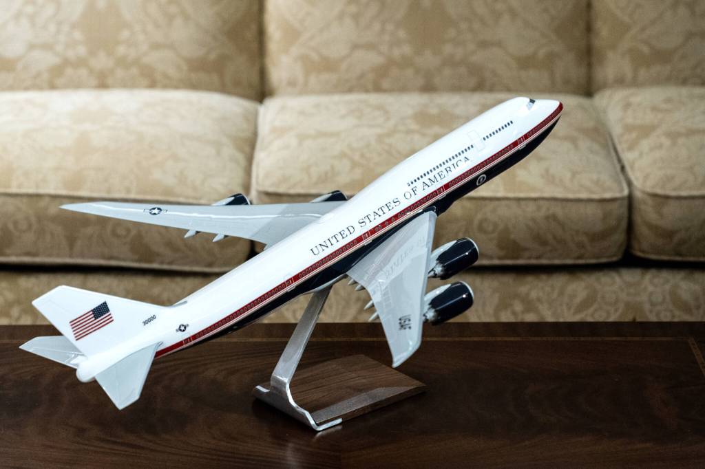 A model of a new design for Air Force One in Washington in 2019. Boeing is at least three years behind schedule in delivering two new Air Force One aircraft, which President Donald Trump wants to have a bolder red, white and blue design. (Erin Schaff/The New York Times)