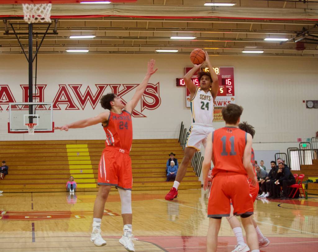 Shorecrest senior Devan Jones pulls up for a jump shot against Monroe in the District 1 Boys 3A Basketball Semifinals in Marysville, Washington on Feb. 19, 2025. (Joe Pohoryles / The Herald)