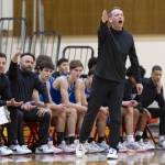 Shorewood head coach Joey Petschl yells at the referees about a call during the 3A district semifinal game against Edmonds-Woodway on Wednesday, Feb. 19, 2025 in Marysville, Washington. (Olivia Vanni / The Herald)