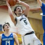 Edmonds-Woodways Cam Hiatt makes a layup during the 3A district semifinal game against Shorewood on Wednesday, Feb. 19, 2025 in Marysville, Washington. (Olivia Vanni / The Herald)
