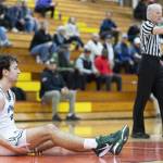 Edmonds-Woodways Cam Hiatt reacts to drawing a foul during the 3A district semifinal game against Shorewood on Wednesday, Feb. 19, 2025 in Marysville, Washington. (Olivia Vanni / The Herald)