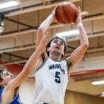 Edmonds-Woodway’s Cam Hiatt makes a layup during the 3A district semifinal game against Shorewood on Wednesday, Feb. 19, 2025 in Marysville, Washington. (Olivia Vanni / The Herald)