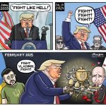 Editorial Cartoon by Graeme MacKay – Thursday February 20, 2025

Trump seen aiding Russia over Ukraine's Zelensky

Recently, Donald Trump referred to Ukrainian President Volodymyr Zelensky as a "dictator" and accused him of not holding elections, despite the fact that Ukraine extended Zelensky's term due to martial law after Russia's 2022 invasion. Zelensky criticized Trump for being influenced by Russian disinformation. Trump's comments, which echo Kremlin narratives, have been criticized by European leaders, who support Zelensky's democratic legitimacy. The situation highlights tensions as Trump has indicated a willingness to negotiate with Russia, excluding Ukraine, raising concerns among Ukraine's allies.

This editorial cartoon was first published Saturday September 28, 2024

USA, Russia, Ukraine, Volodymyr Zelenskyy, Donald Trump, Vladimir Putin, “Fight Like Hell”, election, diplomacy, war, appeasement, peace, assassination, innsurection