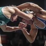 Edmonds-Woodway’s Ever Yamada and Meadowdale’s Jamier Perry fight for hand positions during the 175-pound match on Thursday, Jan. 16, 2025 in Edmonds, Washington. (Olivia Vanni / The Herald)