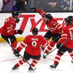 Team Canada's Connor McDavid (97) celebrates after scoring the game-winning overtime goal against Team United States to win the NHL 4 Nations Face-Off Championship Game at TD Garden on Thursday, Feb. 20, 2025, in Boston. (Maddie Meyer/ Getty Images / Tribune News Services)