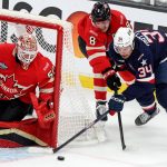 Team USA's Auston Matthews (34) tries to put the puck in past Canada's Cale Makar (8) and goaltender Jordan Binnington (50) during the first period of the NHL 4 Nations Face-Off Championship Game at TD Garden on Thursday, Feb. 20, 2025, in Boston. (Matt Stone / Boston Herald / Tribune News Services)