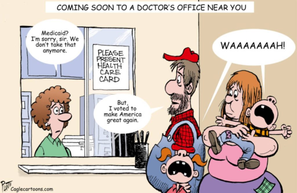 A family with crying kids at a doctor's office, Medicaid, health care, MAGA, 2025, Project 2025, President Donald J. Trump, Elon Musk, the Muskatears, DOGE,  budget cuts, lives, sickness, pandemic, flu, bird flu,  RFKJr, HHS