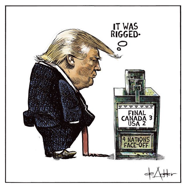 DONALD TRUMP looks at the final of the 4 nations Face-game with Canada 3 and USA 2 and says it was rigged