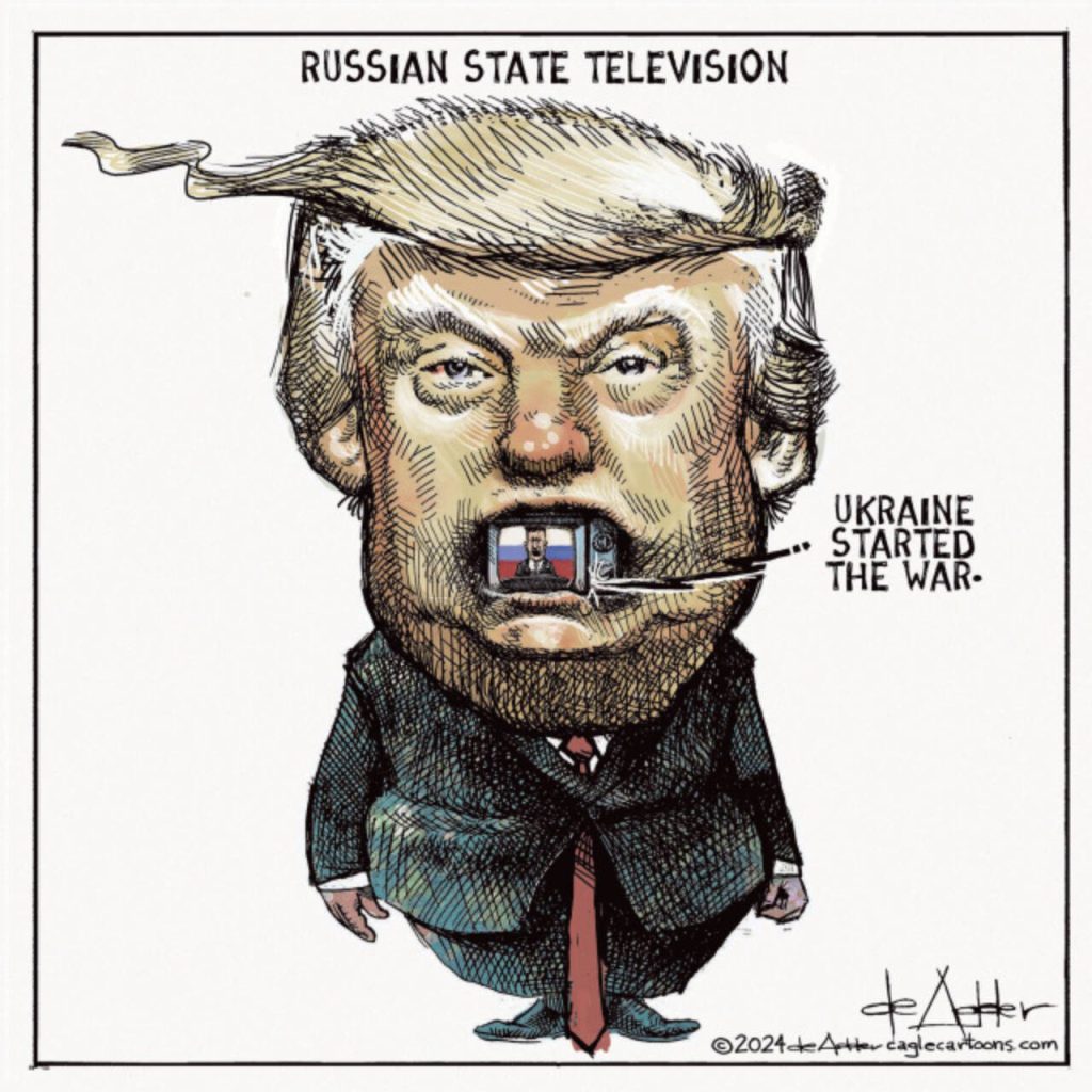 Donald Trump's mouth has a televsion in it with the programming being Rusian State Televsion saying Ukraine Started the War. toon
