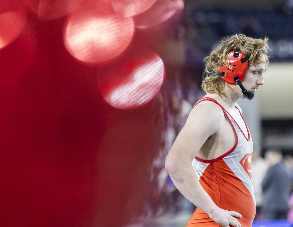 Starwoods Elijah Fleck waits on the mat before the start of his match at the Mat Classic on Friday, Feb. 21, 2025 in Tacoma, Washington. (Olivia Vanni / The Herald)