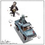 Leatherface for a Texas Chainsaw Massacre with DOGE wiritten on the charnsaw chaces the 1972 Ford Club Wagon from the move being driven by Uncle Sam and the Statue of Liberty in the back