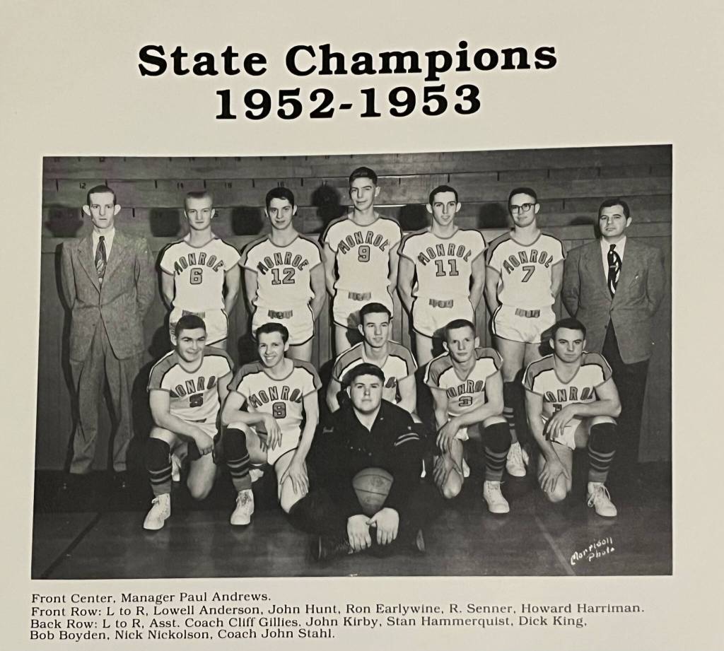 Stan Hammerquist (12) helped Monroe win the 1953 Washington State Championship, its second in a row. Hammerquist played junior varsity during the 1951-52 season and was not part of that team, but all members of the 1952 and '53 championship teams were inducted into the Monroe Hall of Fame on Feb. 7, 1989. Hammerquist was the first of four generations in his family to play for the Bearcats. (Photo courtesy: Martin Hammerquist)