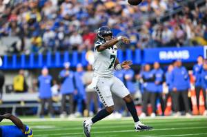 Seahawks quarterback Geno Smith (7) throws a pass against the Los Angeles Rams at SoFi Stadium on Sunday, Jan. 5, 2024. (Photo courtesy of the Seattle Seahawks)