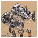 A World Aid truck gives out food to an under developped nation, while Trump and Elon Musk hand out tariffs to those toonsame people.