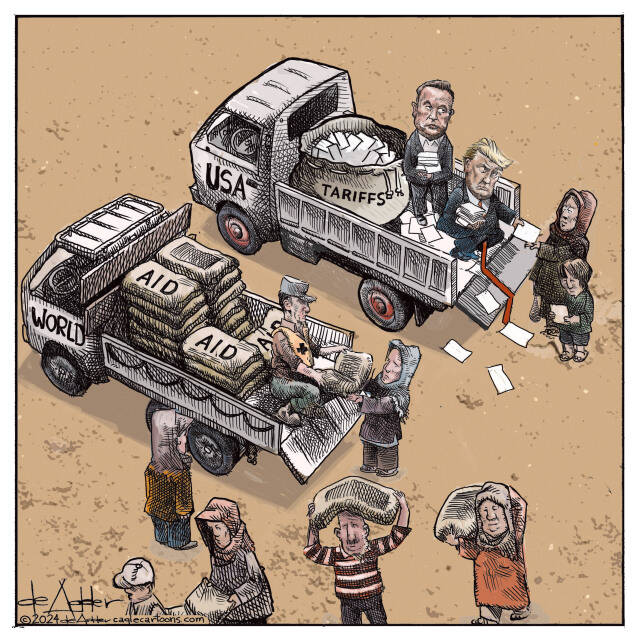A World Aid truck gives out food to an under developped nation, while Trump and Elon Musk hand out tariffs to those toonsame people.