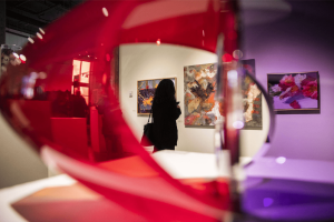 A person pauses to look at an art piece during the Schack Art Centers 50th anniversary celebration on Thursday, Oct. 10, 2024 in Everett, Washington. (Olivia Vanni / The Herald)