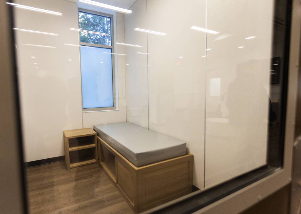 Inside one of the single occupant rooms on the second floor of the Lynnwood Crisis Care Center on Friday, Feb. 7, 2025 in Lynnwood, Washington. (Olivia Vanni / The Herald)